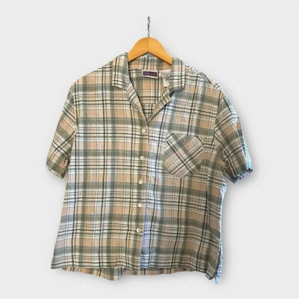 Women's XL Green Plaid Button-Up Blouse Short Sleeve Casual Top